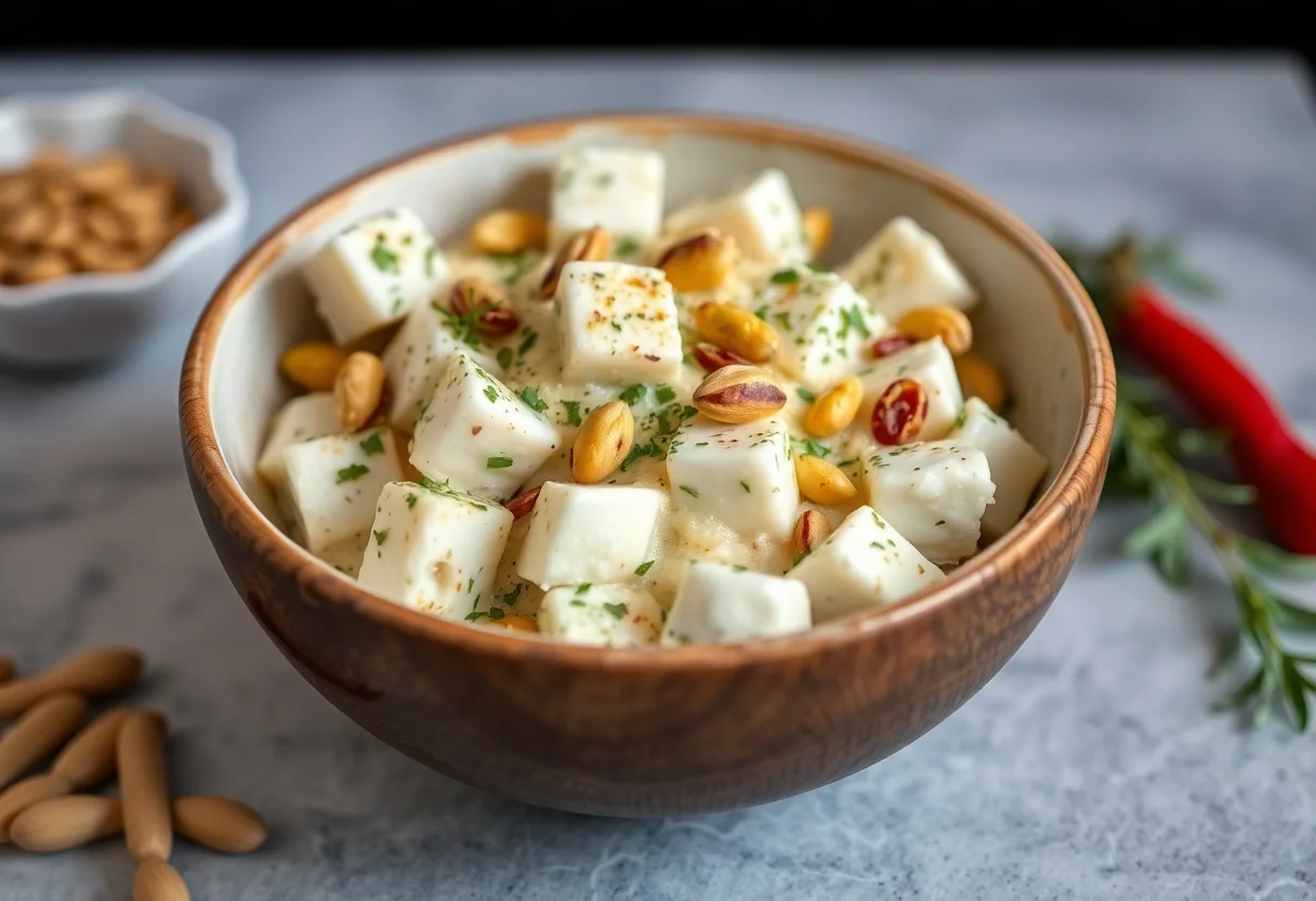 A bowl of Girit Ezmesi, a Cretan meze with cheese, pistachios, and herbs