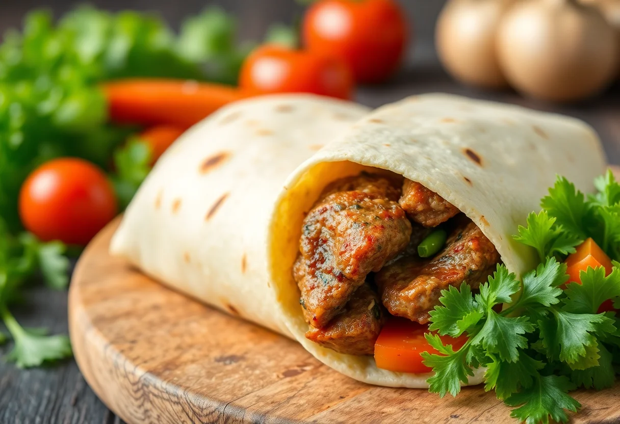 A delicious looking Adana kebab wrap with fresh vegetables.