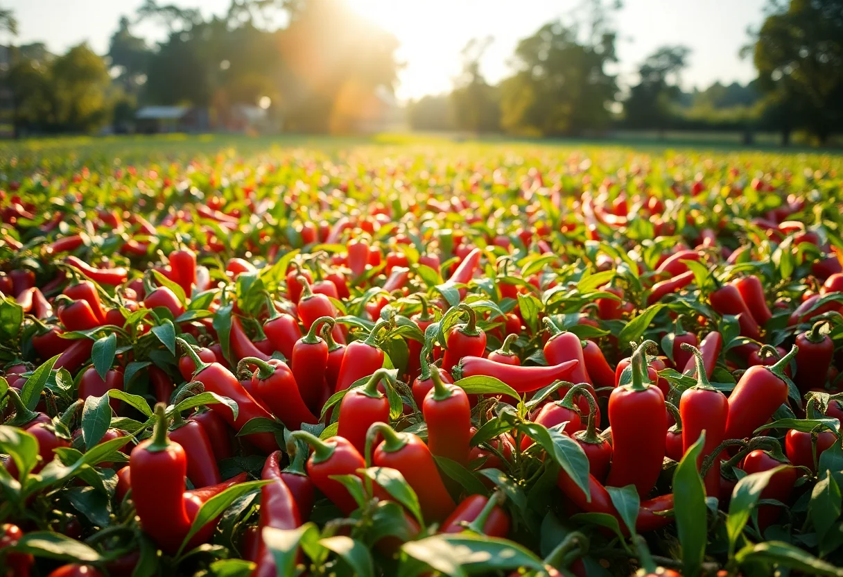 A field of red peppers drying under the sun.