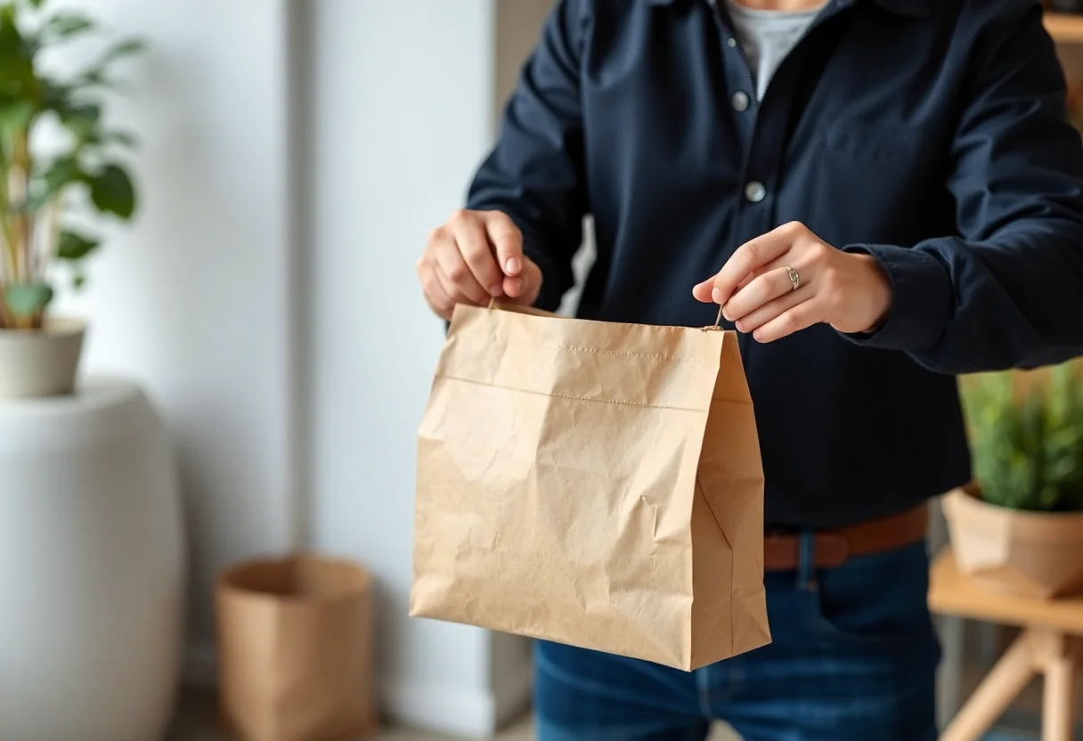 A food delivery person handing over a paper bag with a gourmet meal inside