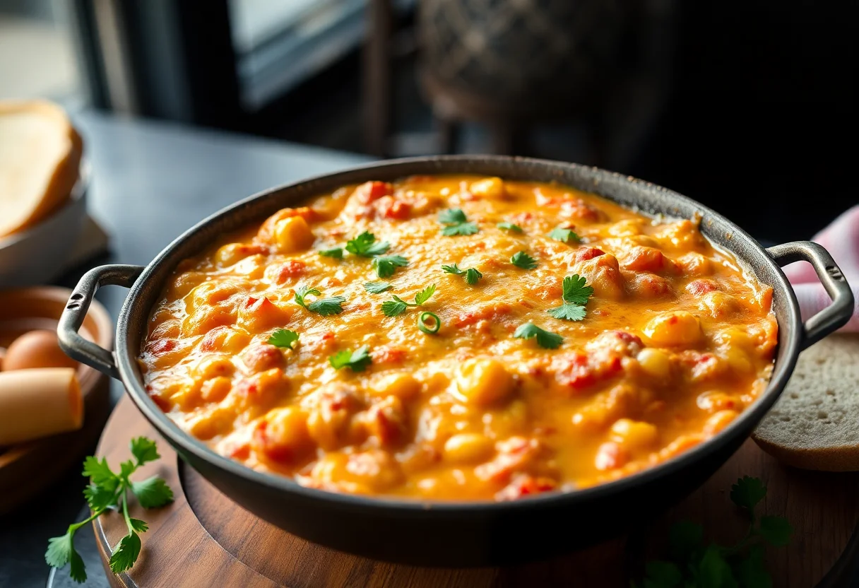 A hot pan of Muhlama, a cheesy cornmeal fondue from Turkey