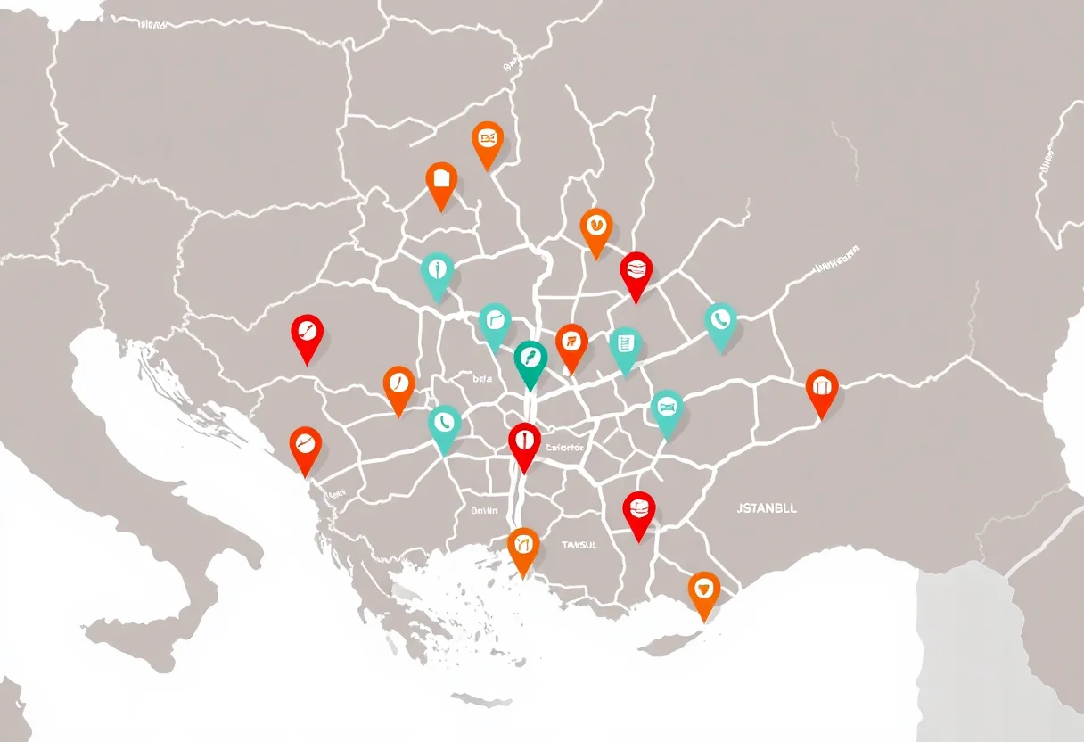 A stylized map of Istanbul showing delivery zones with pinpoints.