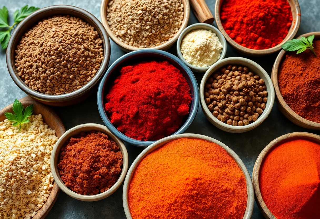 A vibrant display of various Turkish spices in bowls