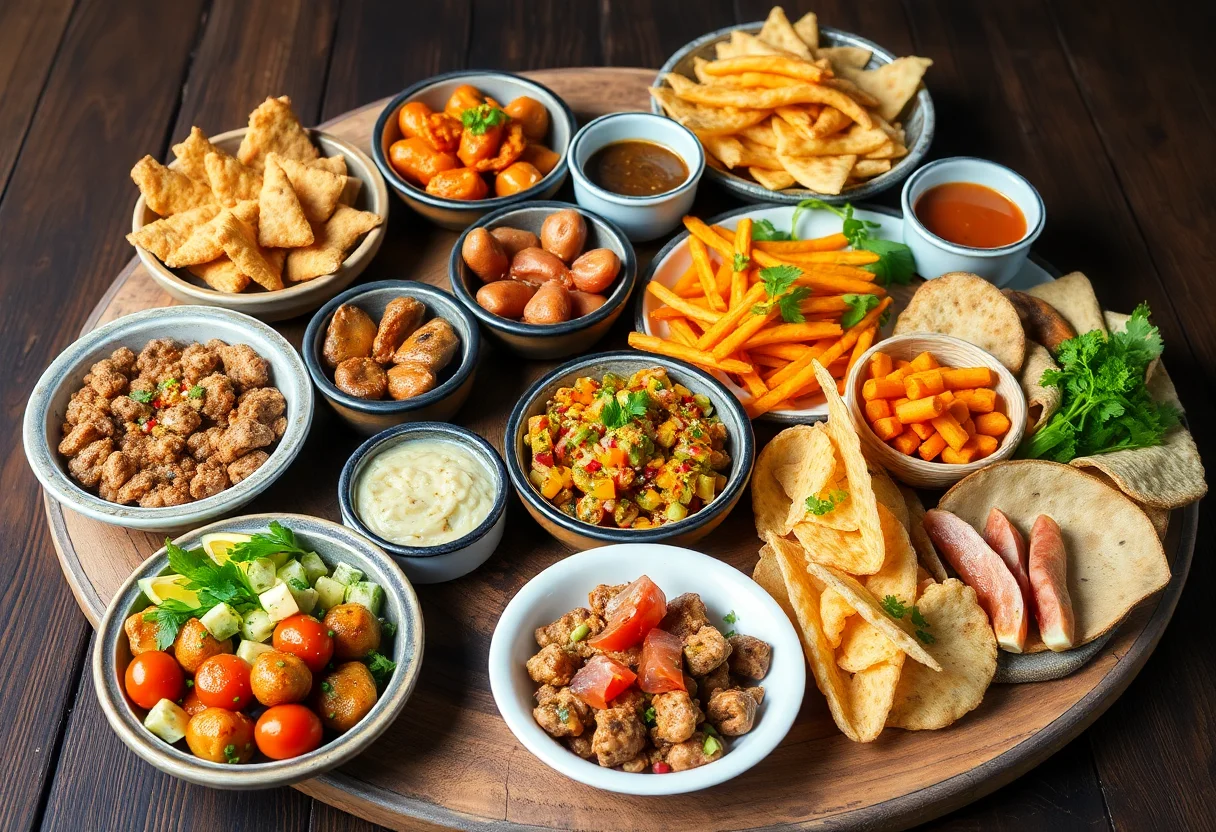 A vibrant spread of traditional Turkish meze and appetizers on a rustic wooden table.
