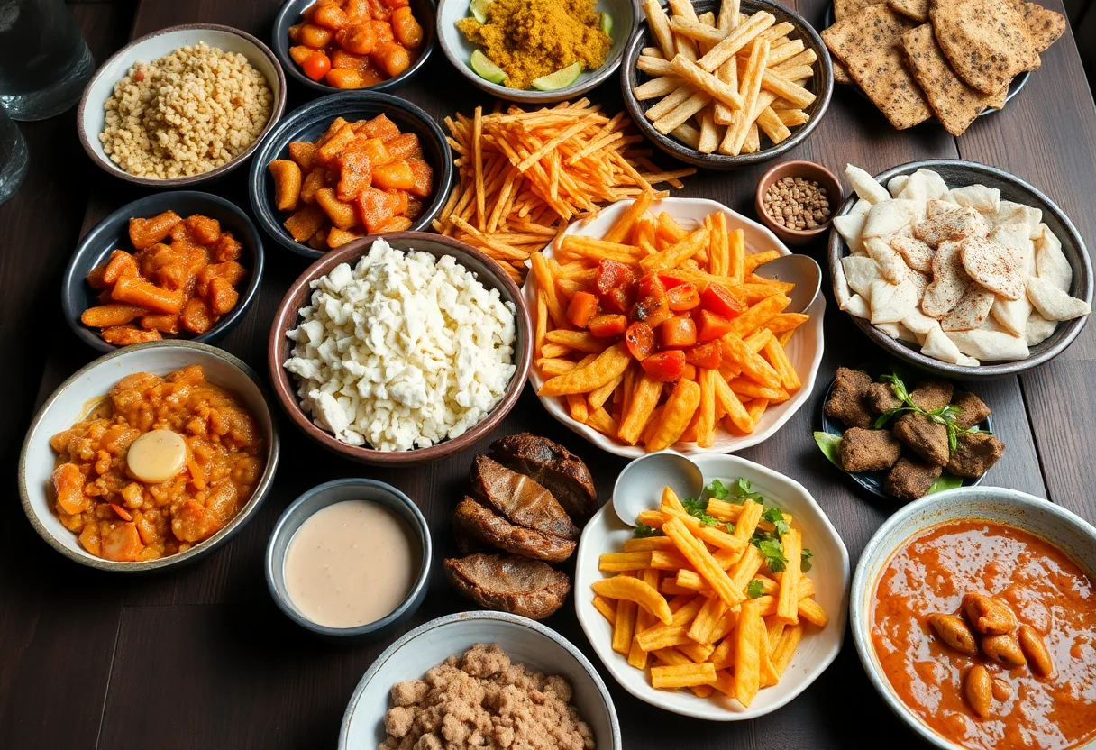 A vibrant spread of various Turkish street food dishes on a rustic wooden table.