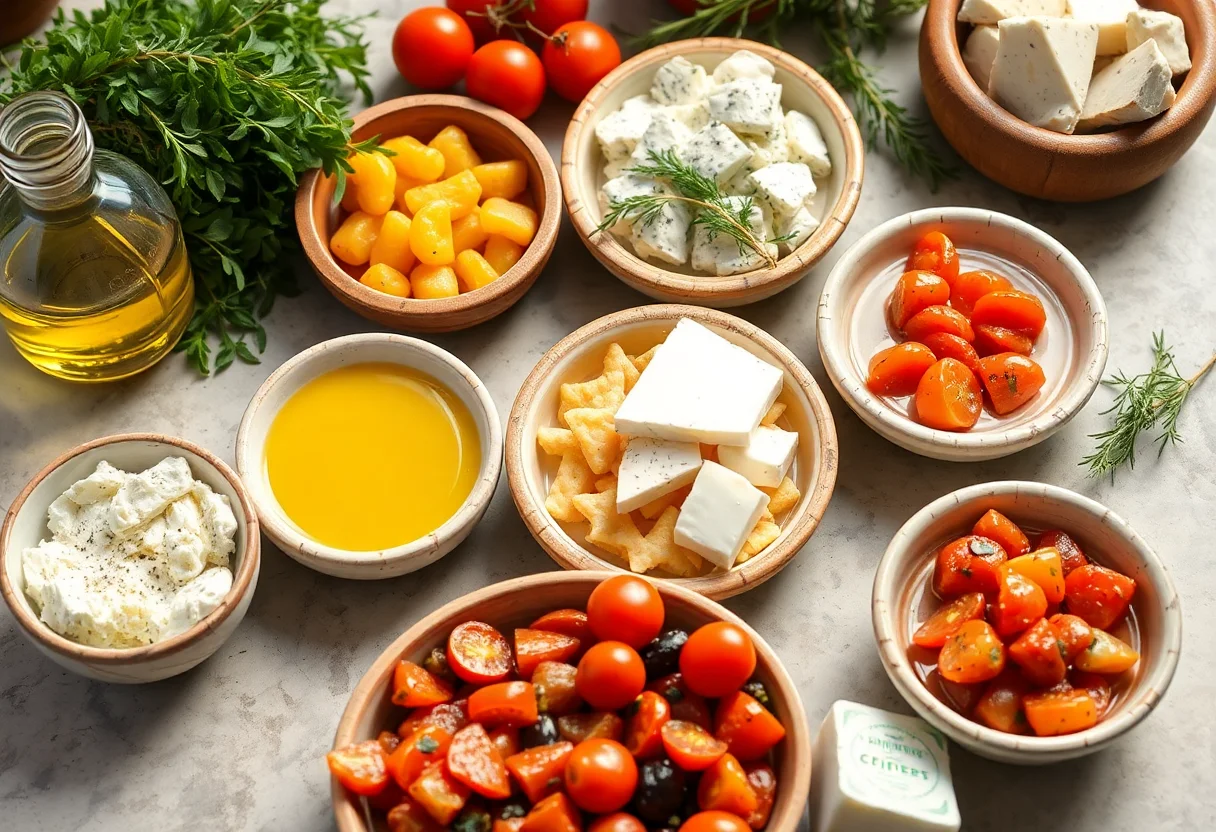 A vibrant table of fresh Aegean mezes with olive oil, herbs, and cheese