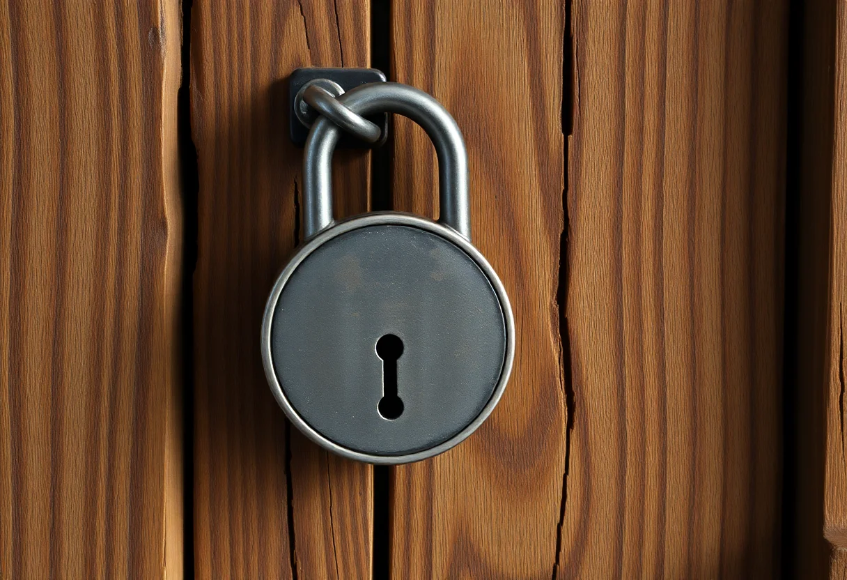 A vintage lock on a rustic wooden door symbolizing data security.