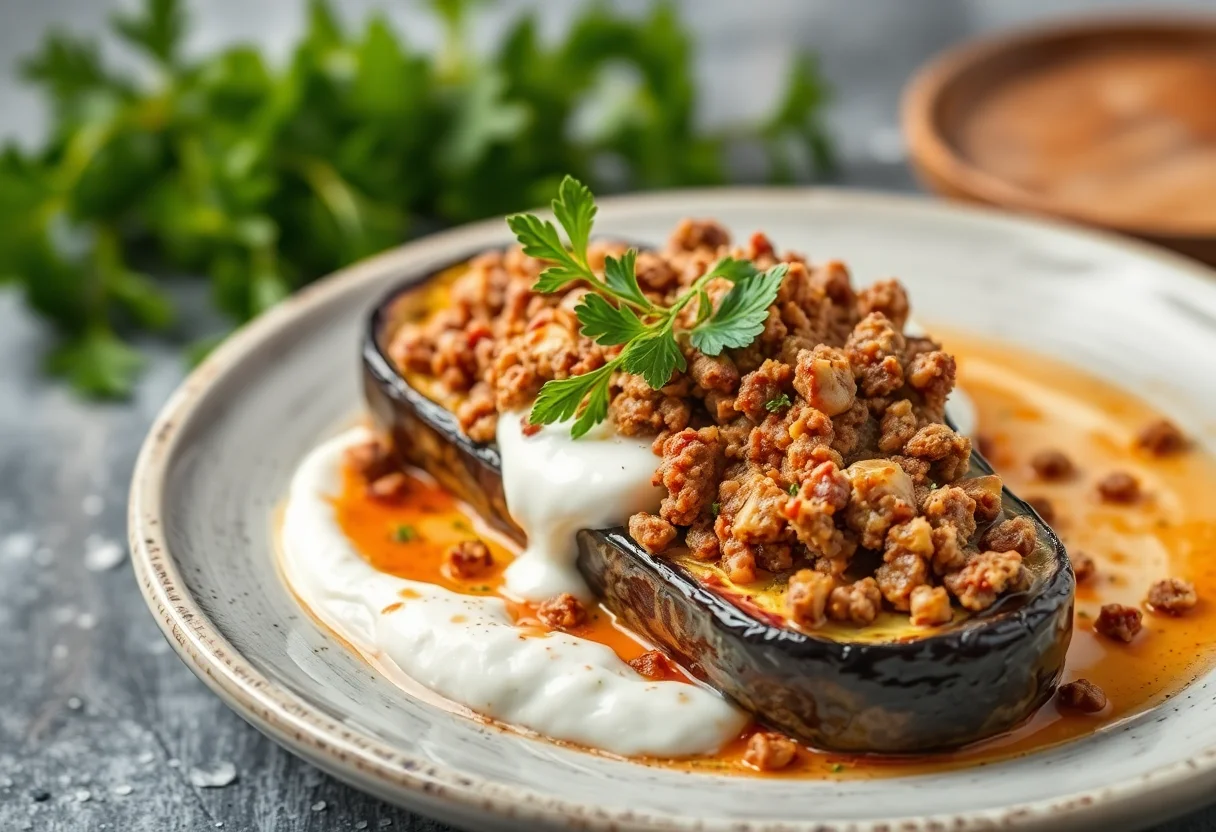 Ali Nazik dish with roasted eggplant yogurt and minced meat topping
