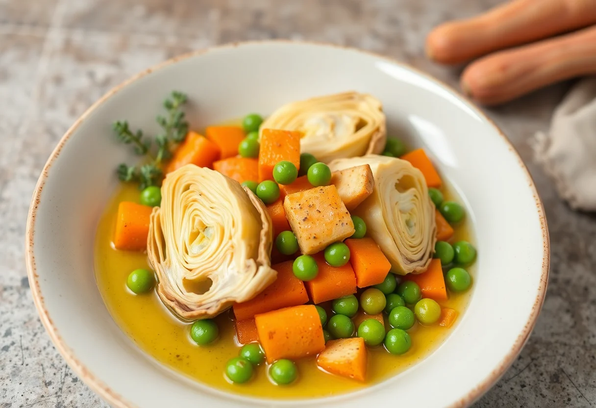 Artichoke hearts cooked in olive oil with carrots and peas