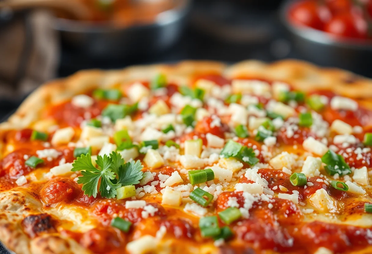 Close-up of a perfectly cooked Turkish lahmacun with fresh toppings