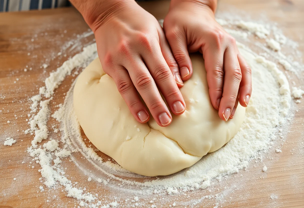 Close-up of hands kneading dough on a floured wooden surface, representing traditional cooking methods.