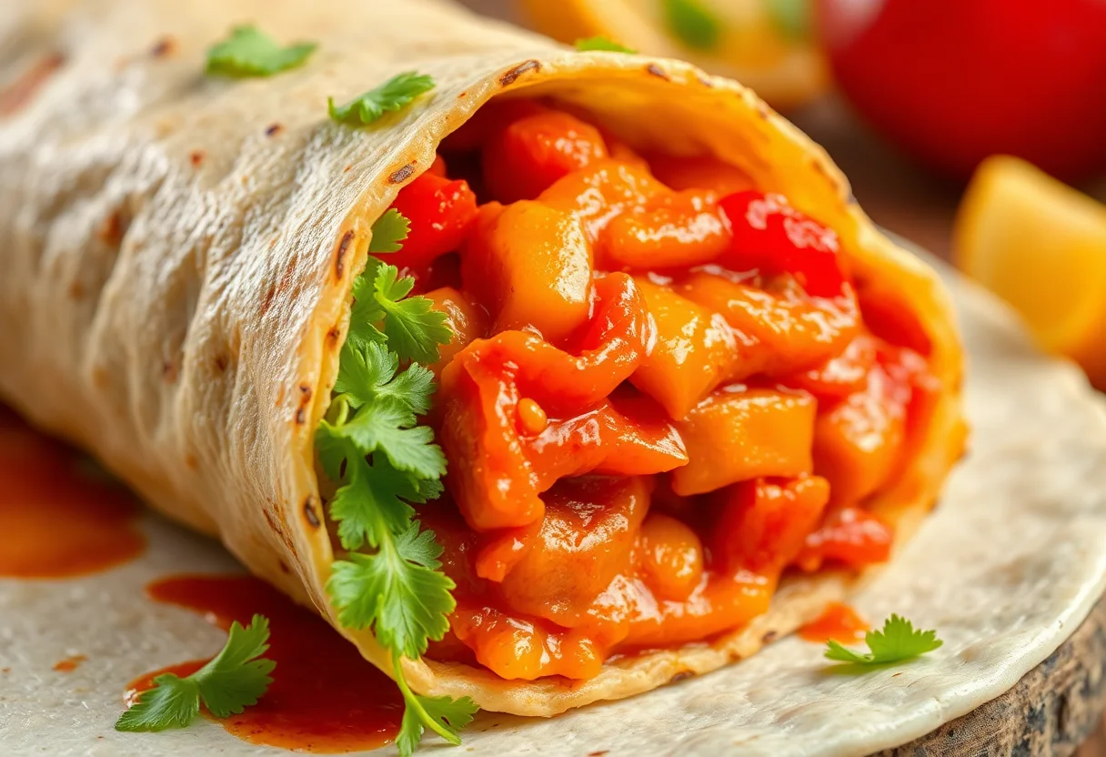 Closeup of a spicy Tantuni wrap, a Mersin specialty.