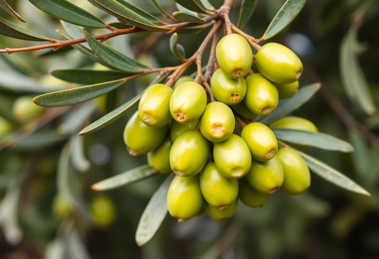 Fresh green olives on a tree branch.
