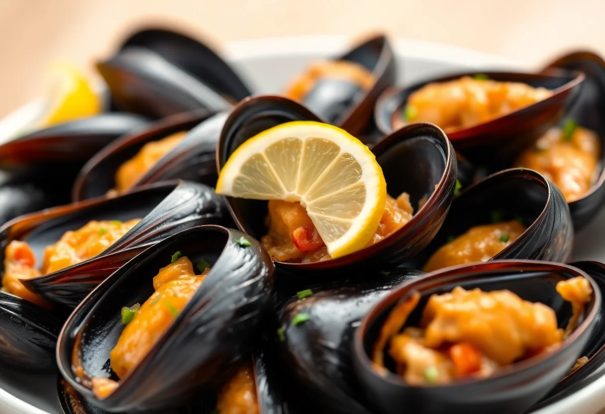 Freshly served stuffed mussels with a slice of lemon on top.