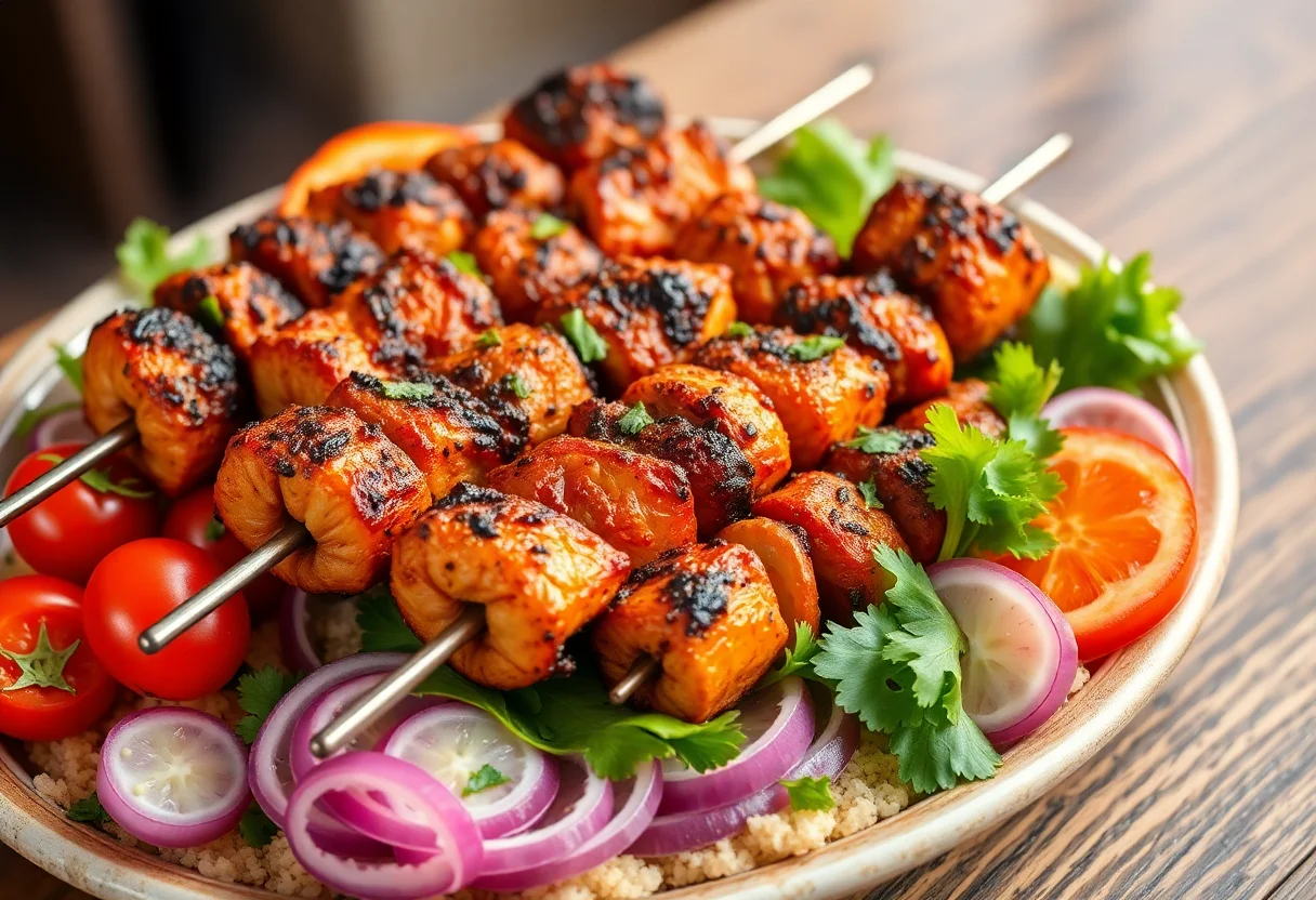 Grilled Adana kebab with fresh vegetables on a platter