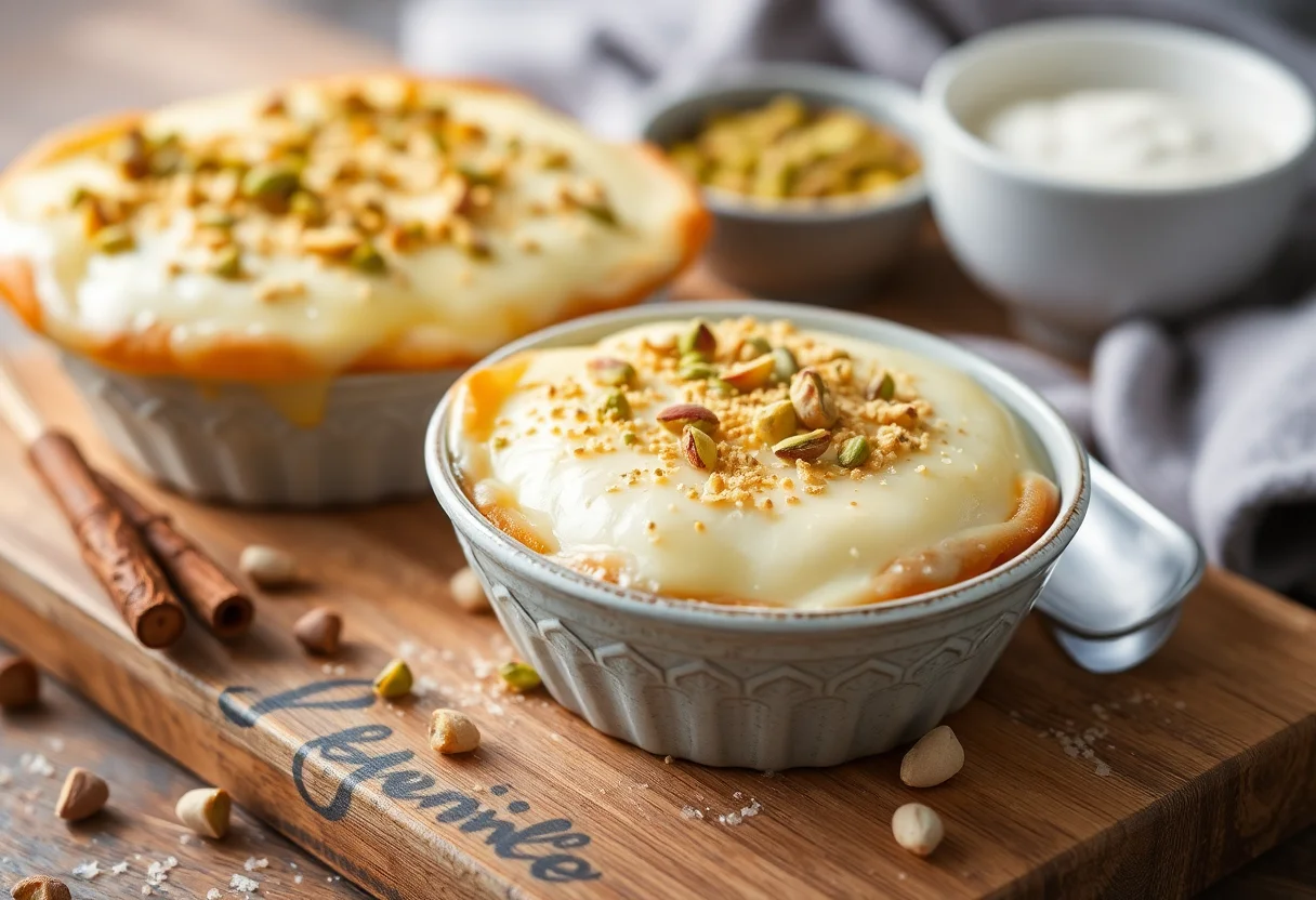 Hot kunefe dessert with melted cheese and pistachio topping
