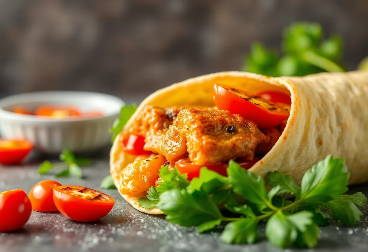 Juicy Adana kebab wrap with grilled tomatoes and peppers