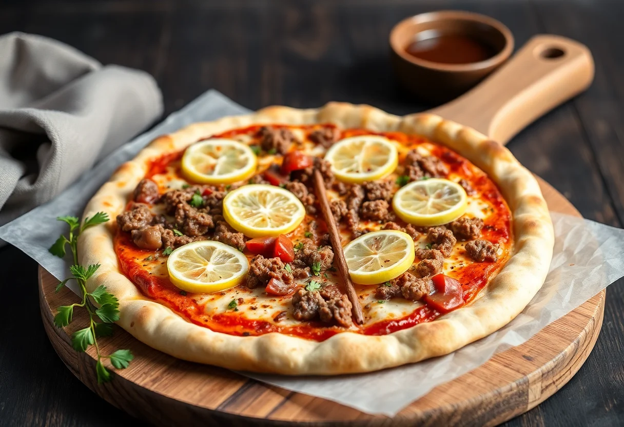 Thin crust Turkish lahmacun pizza with minced meat and lemon slices