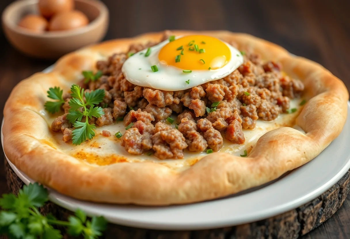 Turkish pide from Black Sea region with minced meat and egg on top
